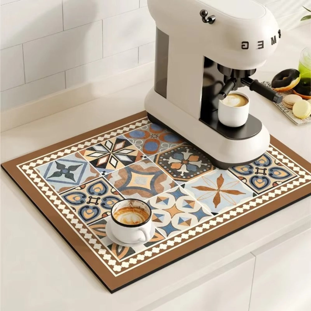 Absorbent Kitchen Mat – Retro Tile Design in Multicolored for Coffee Area or Dishwashing Room