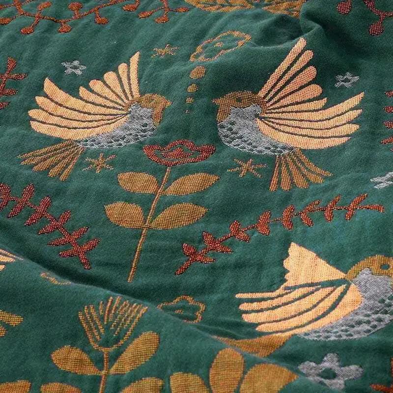 100% Cotton Reversible Throw Blanket, teal with gold and gray bird pattern.