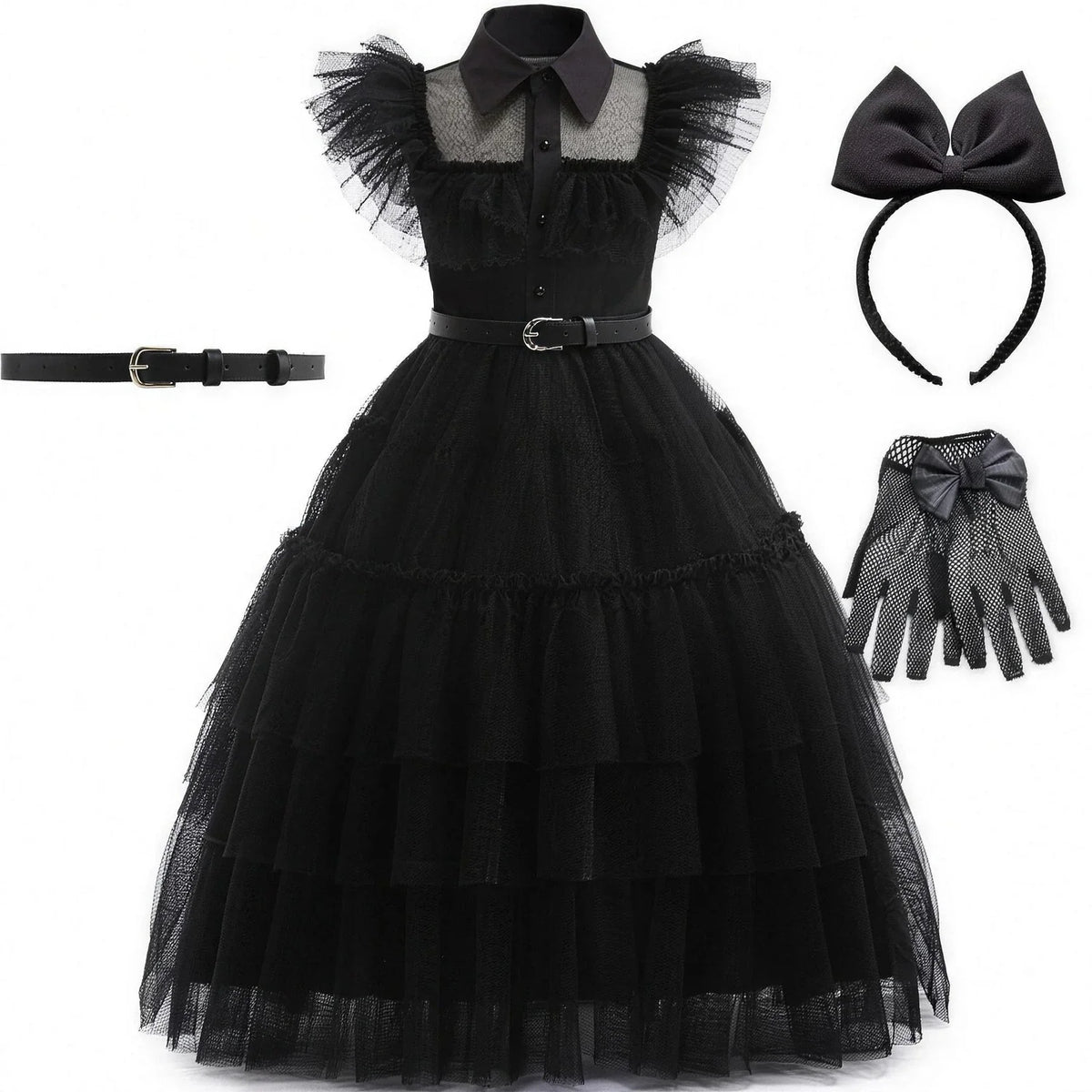 Wednesday Addams costume with signature bow headband and fishnet gloves bundle