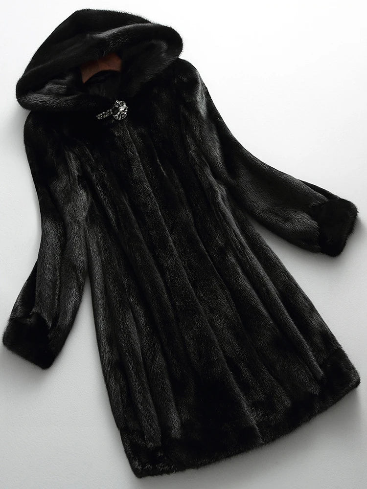 Dame Lang Faux Fur Frakke med Pelsforet Hætte