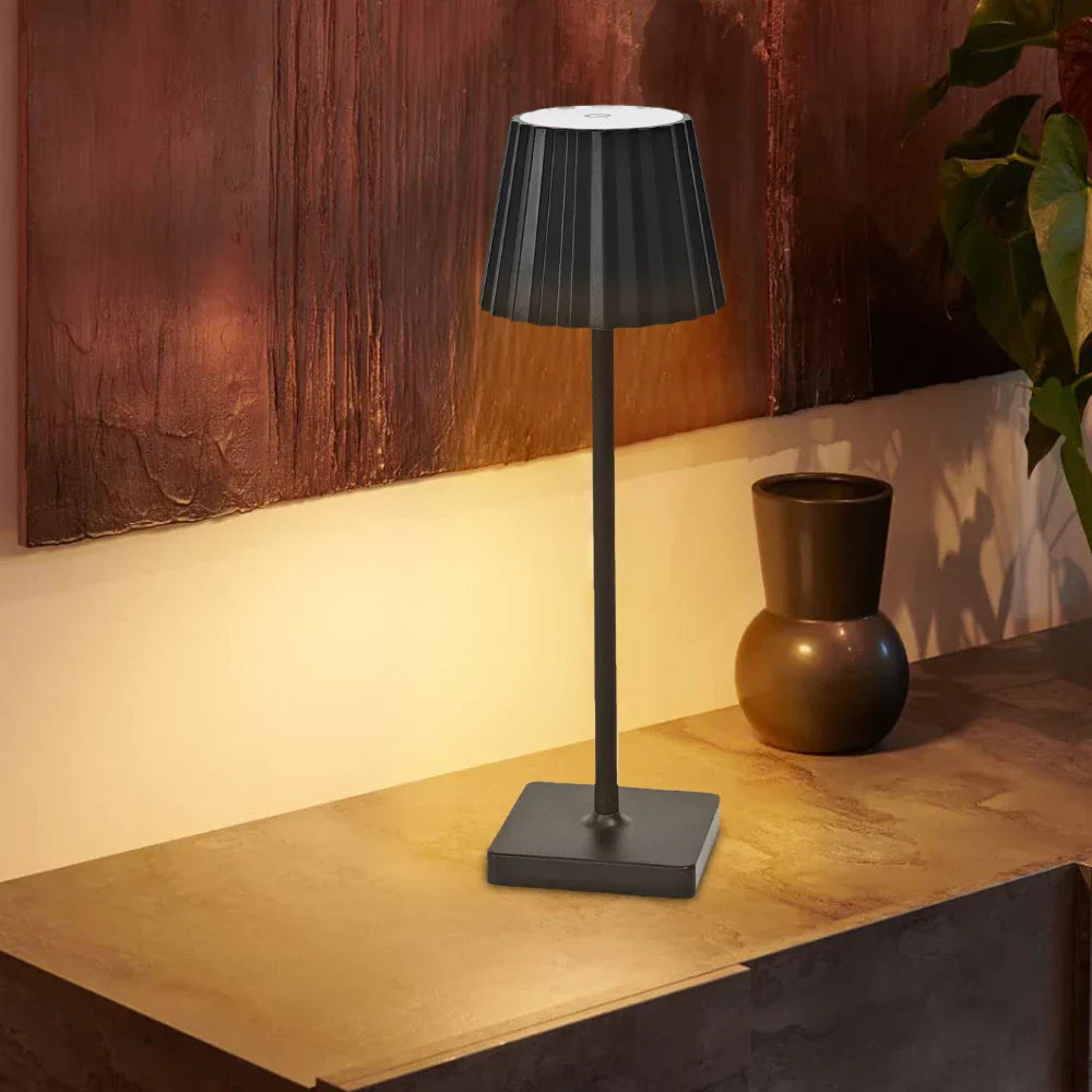 Rechargeable Table Lamp – Antique Metal with Pleated Shade, Dimmable LED for Living Room or Bedroom