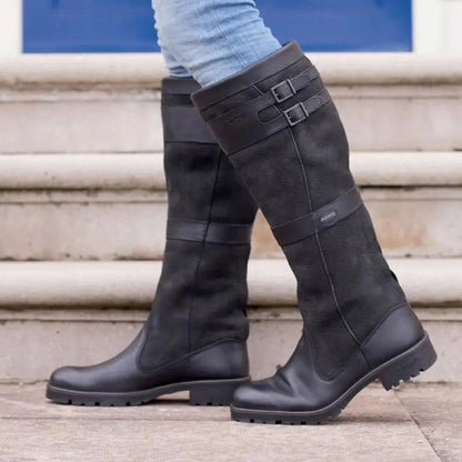 Dames Hoge Schacht Leren Outdoor Regenlaarzen – Waterdicht, met gespen