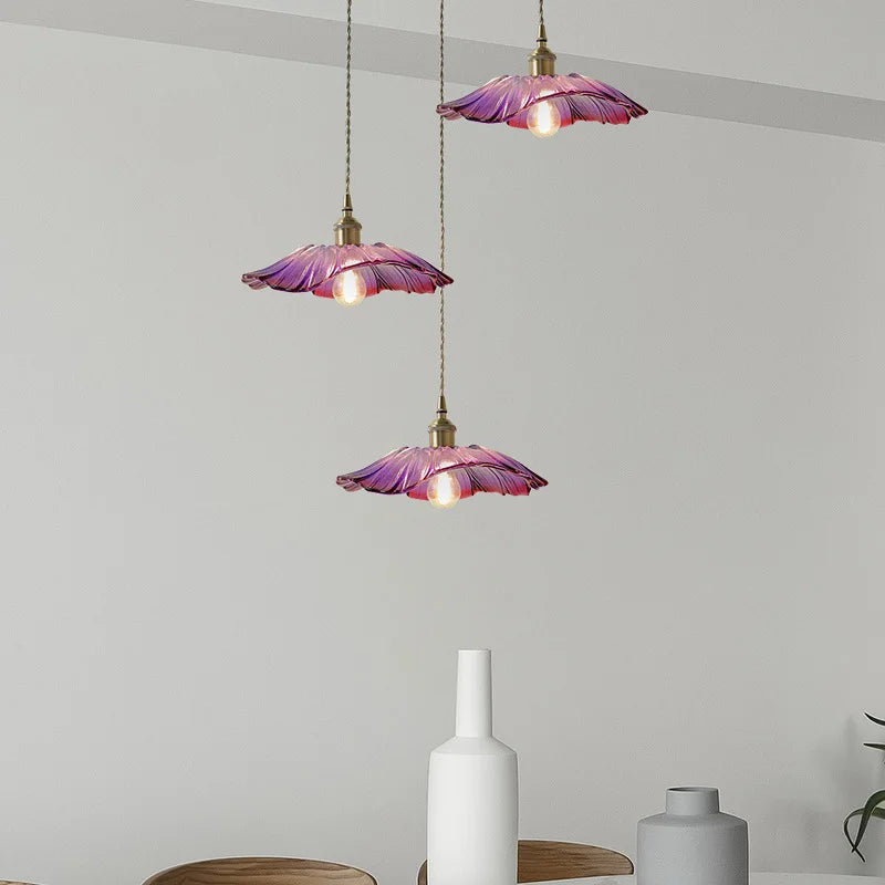 Pendant lamp – Glass flower shape in purple and amber for dining table or living room decoration