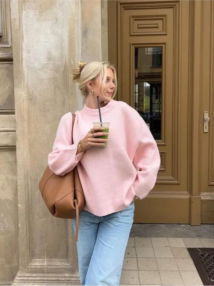 Strikket sweater til kvinder - pink, afslappet til efterår og vinter