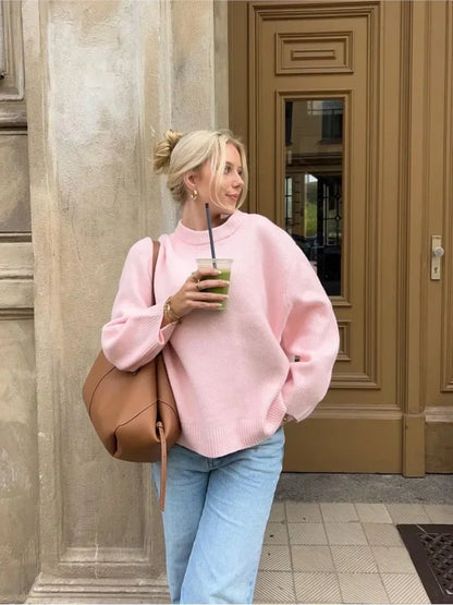 Strikket sweater til kvinder - pink, afslappet til efterår og vinter