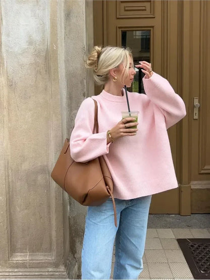 Strikket sweater til kvinder - pink, afslappet til efterår og vinter