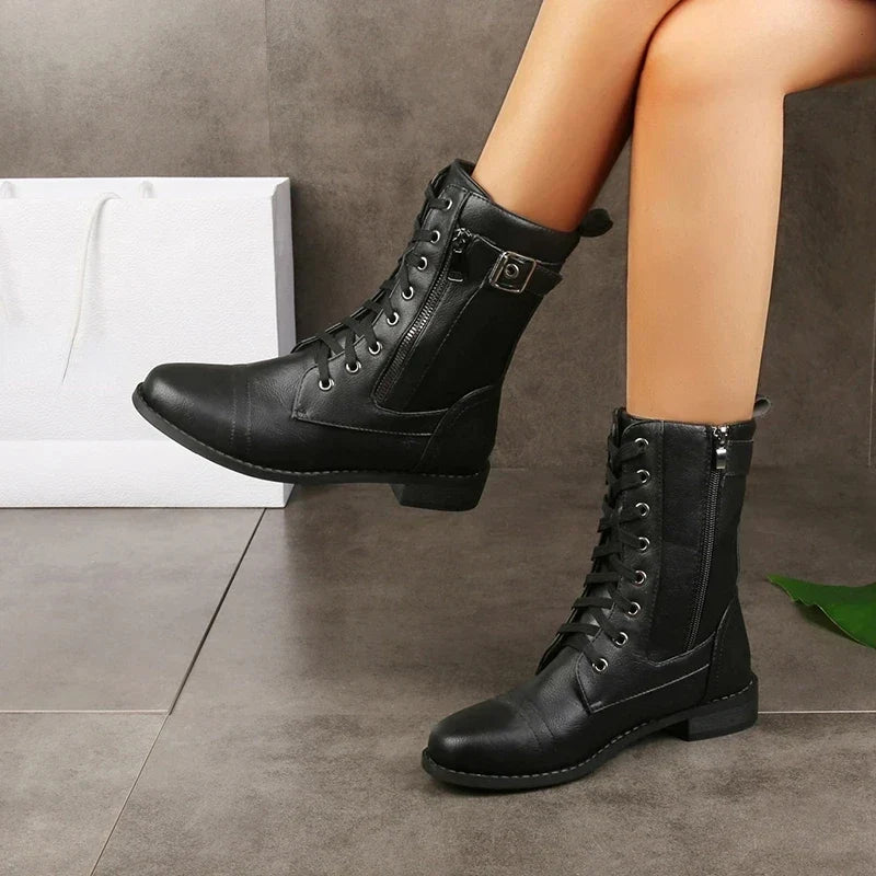 Dame Snørestøvler i Læder – Mid-Calf Model med Lynlås