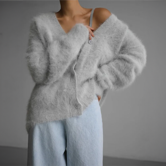 Ladies Oversized Mohair Cardigan - Knitted with Button closure, Casual Autumn/Winter