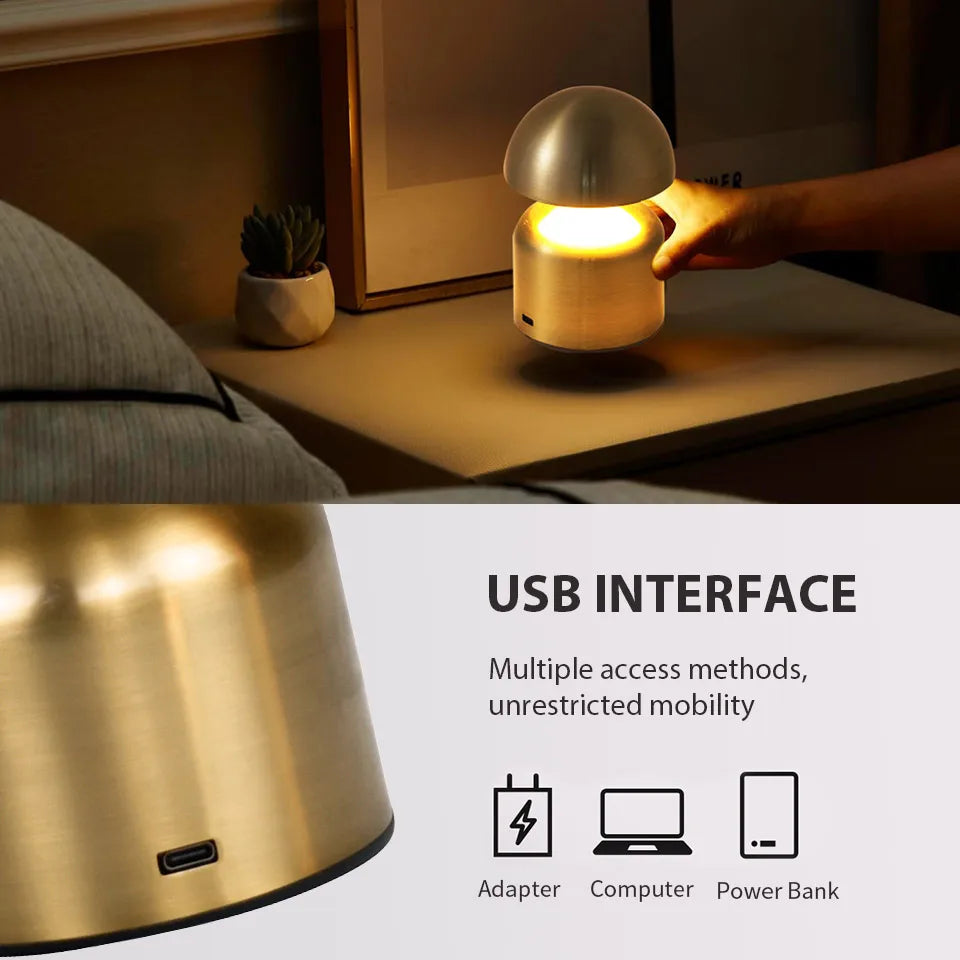 Rechargeable Table Lamp – Retro Mushroom Shape, Metal Finish for Bedroom or Living Room
