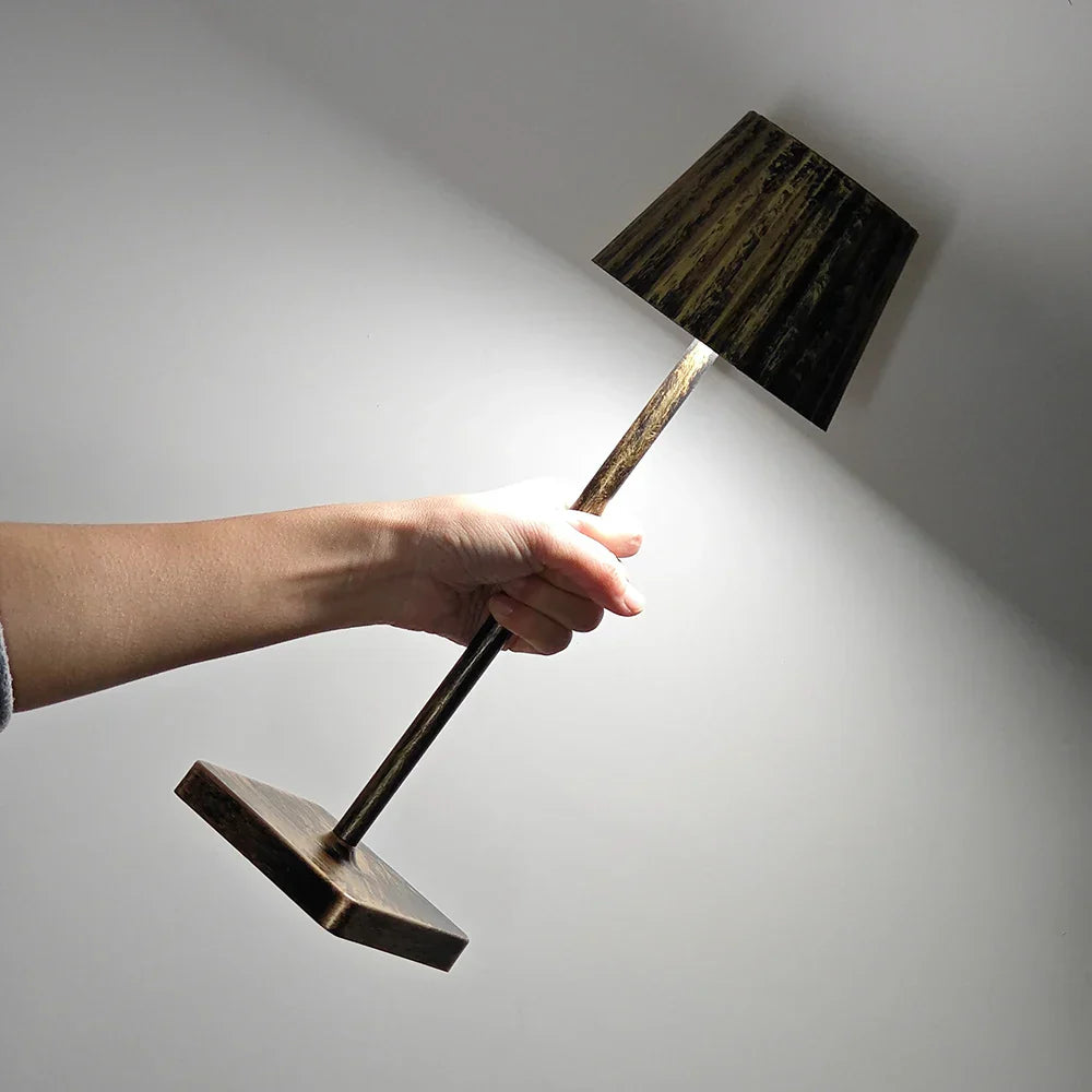 Rechargeable Table Lamp – Antique Metal with Pleated Shade, Dimmable LED for Living Room or Bedroom