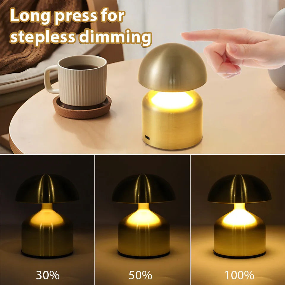 Rechargeable Table Lamp – Retro Mushroom Shape, Metal Finish for Bedroom or Living Room