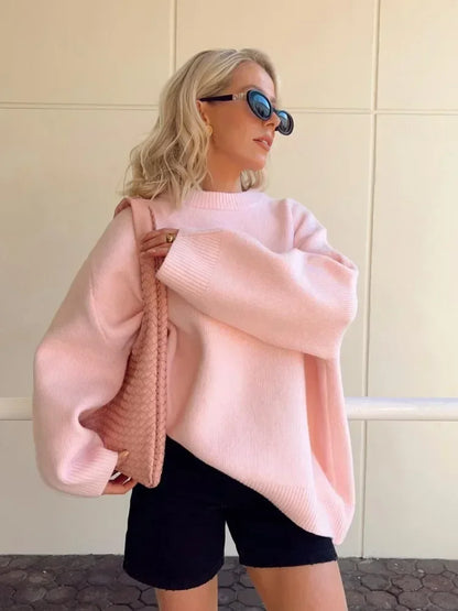 Strikket sweater til kvinder - pink, afslappet til efterår og vinter