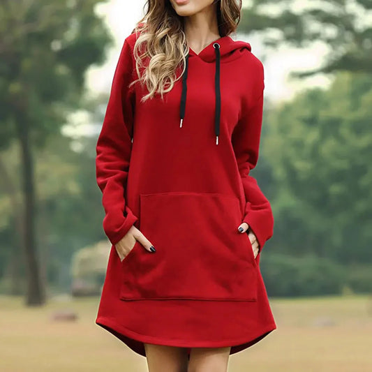 Women's Relaxed Fit Hoodie Dress - Sweat Fabric, with Hood, Long Sleeve, Casual for Autumn/Winter