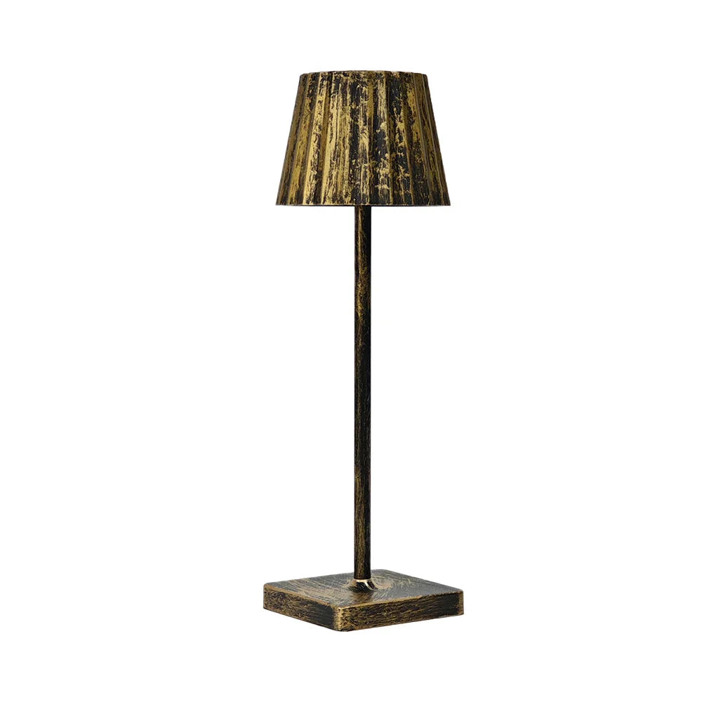 Rechargeable Table Lamp – Antique Metal with Pleated Shade, Dimmable LED for Living Room or Bedroom