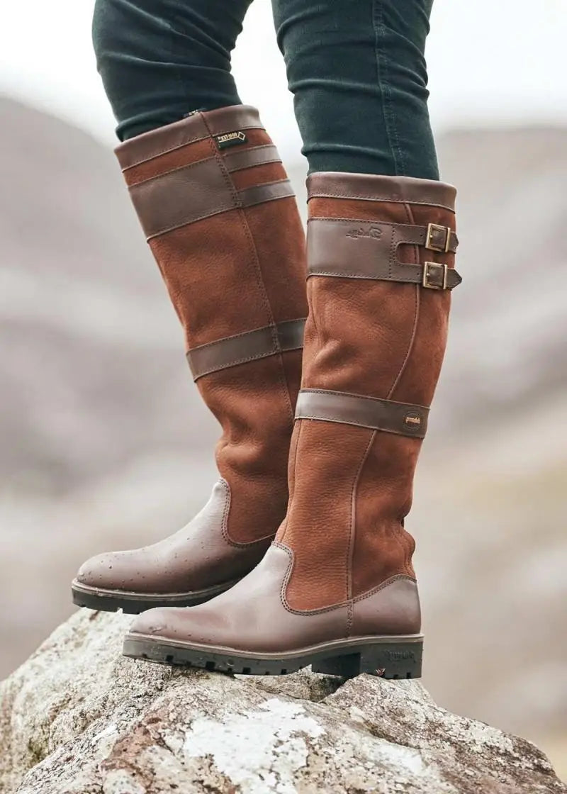 Dames Hoge Schacht Leren Outdoor Regenlaarzen – Waterdicht, met gespen