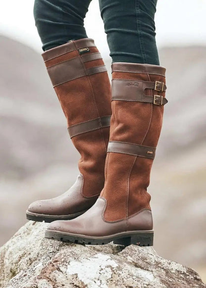Dames Hoge Schacht Leren Outdoor Regenlaarzen – Waterdicht, met gespen