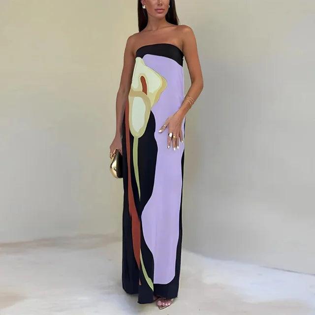Dame Maxikjole Strapless med Farveblok Print