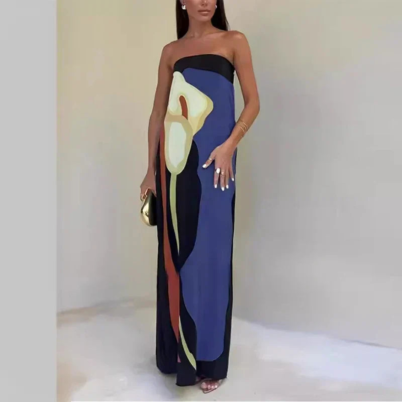 Dame Maxikjole Strapless med Farveblok Print
