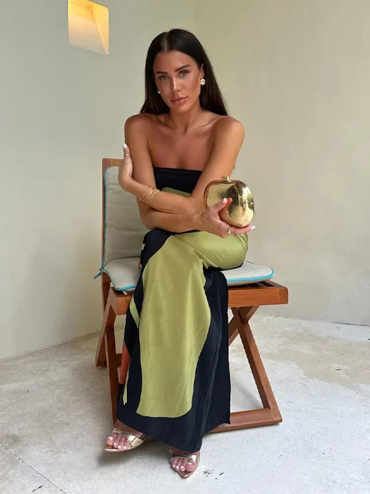 Dame Maxikjole Strapless med Farveblok Print