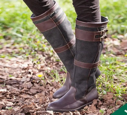 Dames Hoge Schacht Leren Outdoor Regenlaarzen – Waterdicht, met gespen