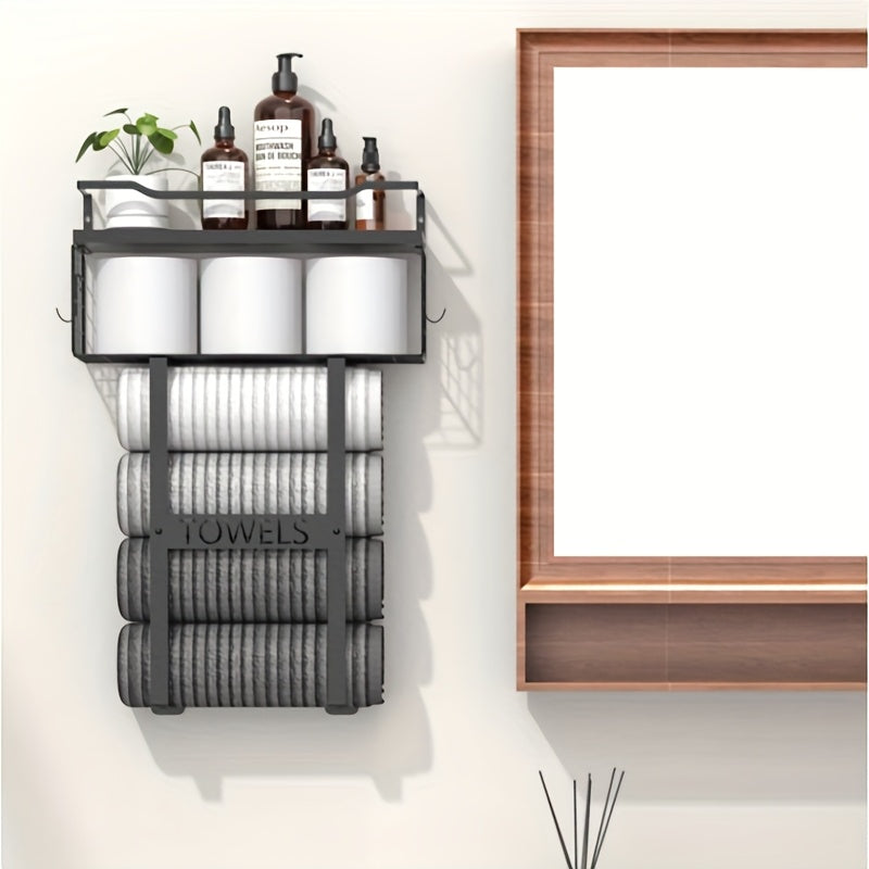 Håndklædeholder til væggen – sort metal, moderne design med hylde til badeværelse eller gæstetoilet