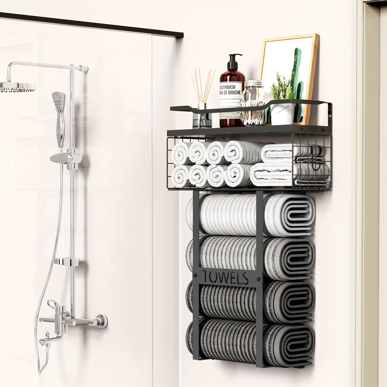 Håndklædeholder til væggen – sort metal, moderne design med hylde til badeværelse eller gæstetoilet