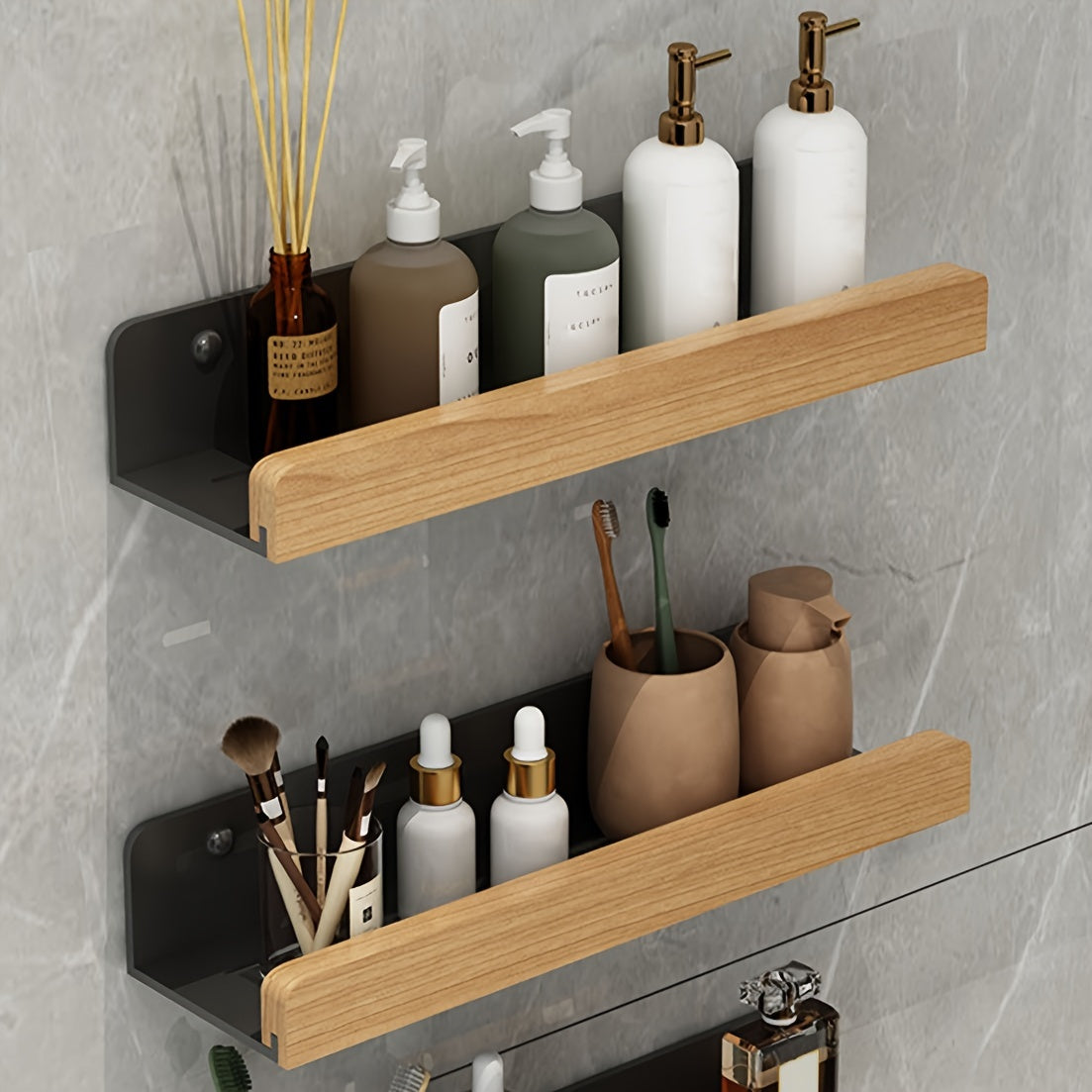 Bathroom wall shelf – Black wrought iron, modern and drill-free shelf for shampoo and cosmetics