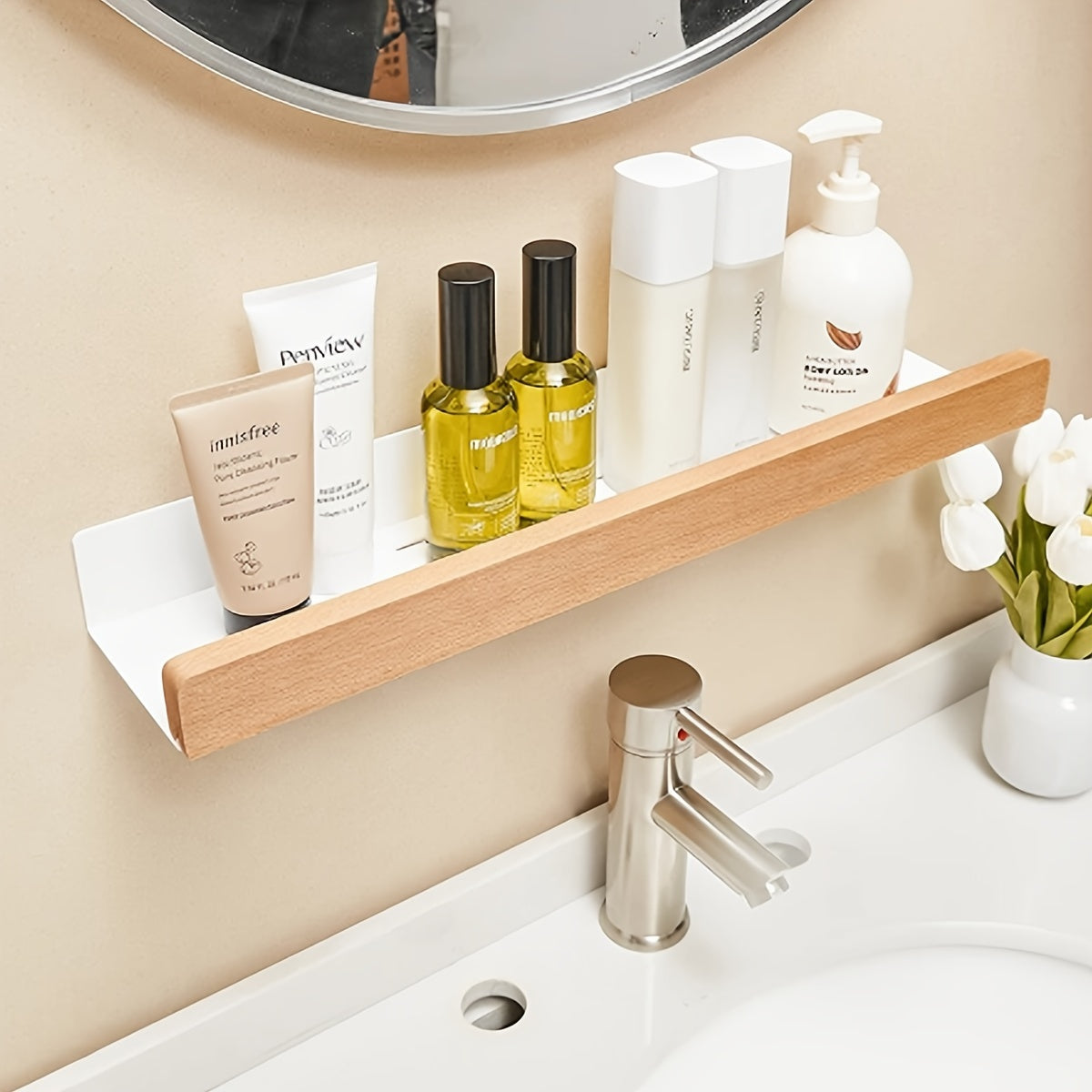 Bathroom wall shelf – Black wrought iron, modern and drill-free shelf for shampoo and cosmetics