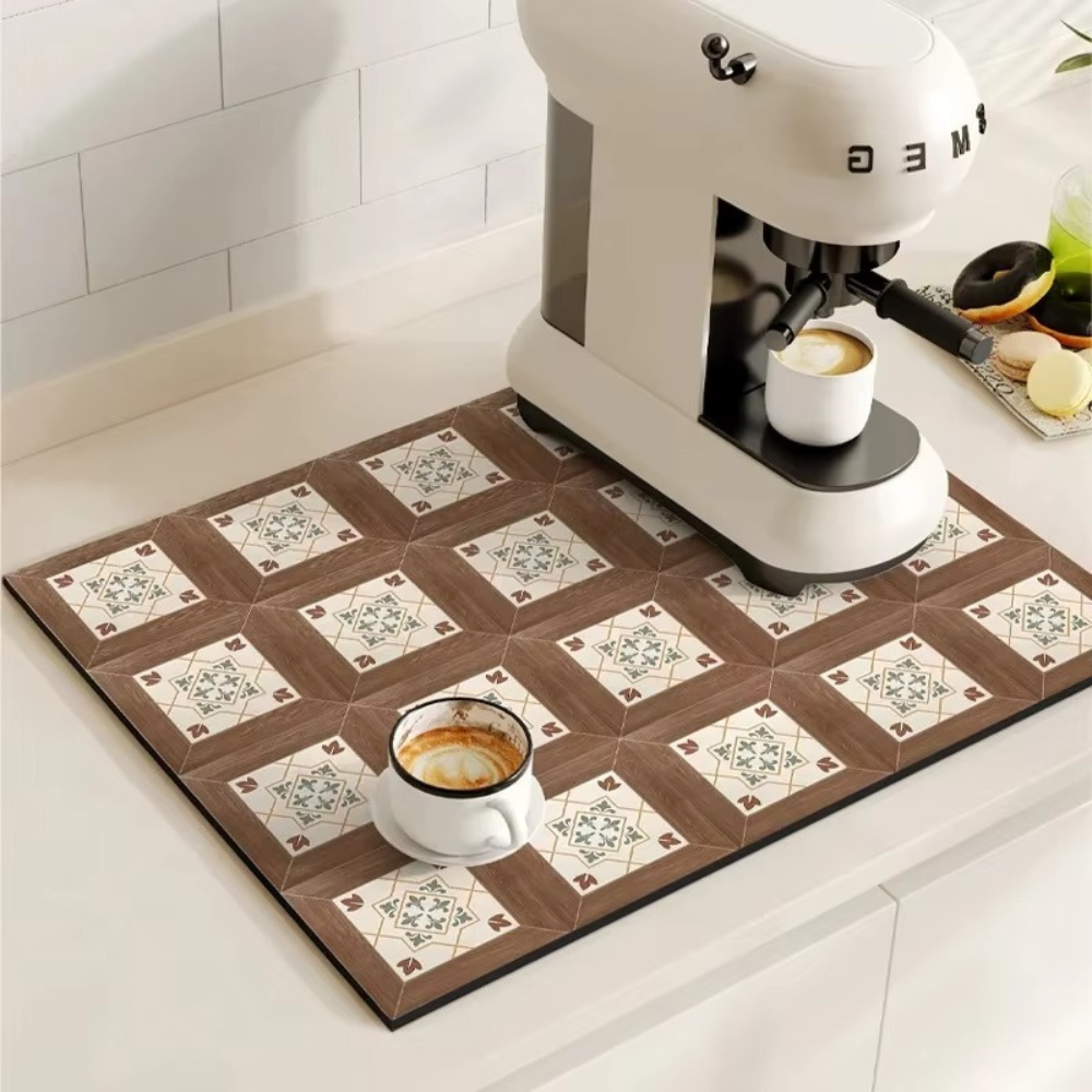 Absorbent Kitchen Mat – Retro Tile Design in Multicolored for Coffee Area or Dishwashing Room