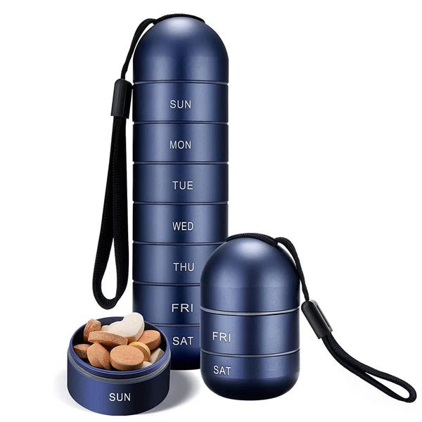 Pill Box – Portable 7-day organizer in a compact design for home use or travel