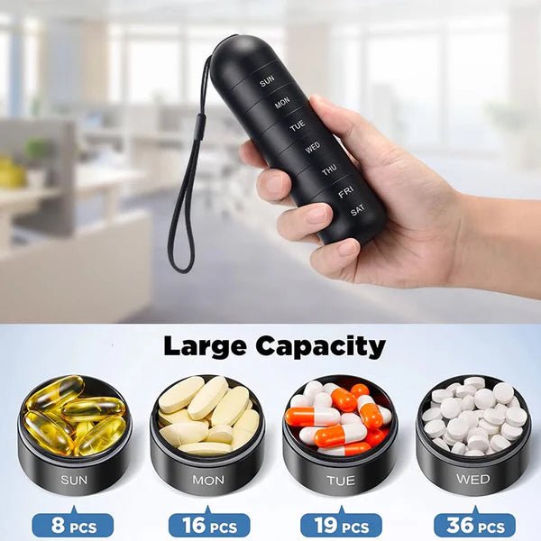 Pill Box – Portable 7-day organizer in a compact design for home use or travel