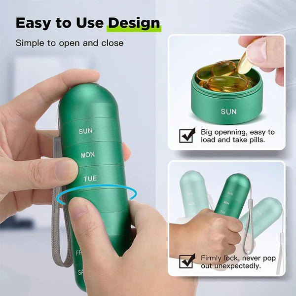 Pill Box – Portable 7-day organizer in a compact design for home use or travel