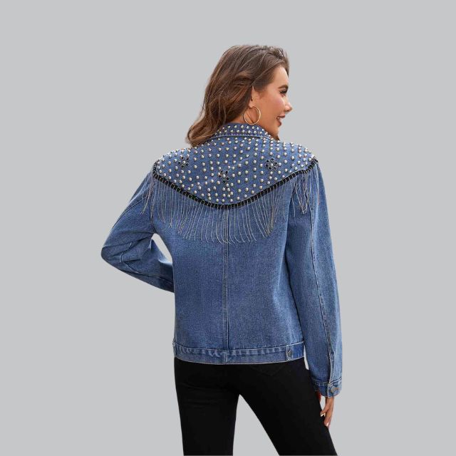 Dame denimjakke med perler - Denim denimjakke, casual og fest