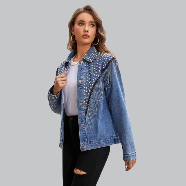 Dame denimjakke med perler - Denim denimjakke, casual og fest