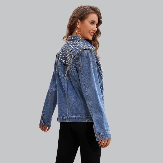 Dame denimjakke med perler - Denim denimjakke, casual og fest