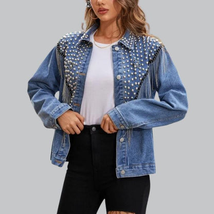 Dame denimjakke med perler - Denim denimjakke, casual og fest