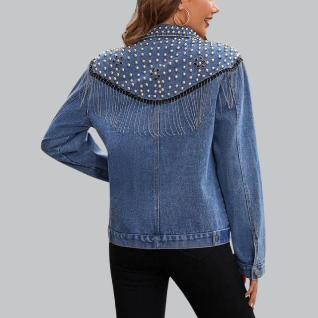 Dame denimjakke med perler - Denim denimjakke, casual og fest