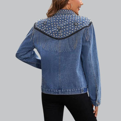 Dame denimjakke med perler - Denim denimjakke, casual og fest