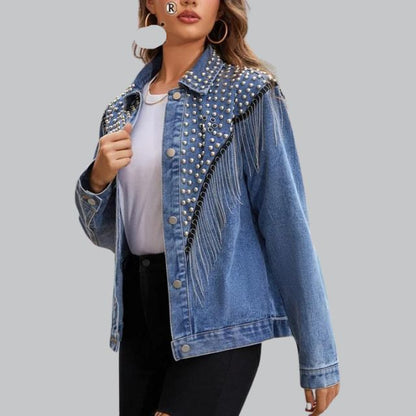 Dame denimjakke med perler - Denim denimjakke, casual og fest