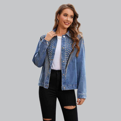 Dame denimjakke med perler - Denim denimjakke, casual og fest