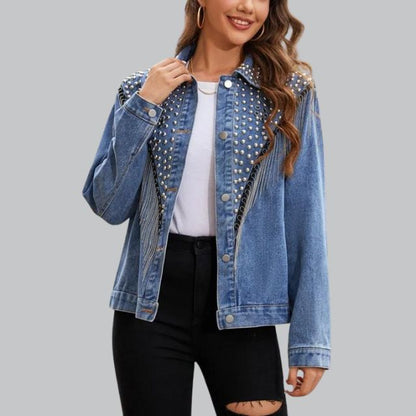 Dame denimjakke med perler - Denim denimjakke, casual og fest