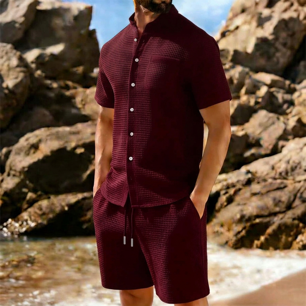 Herre Sæt i Strikket Struktur – Skjorte og Shorts