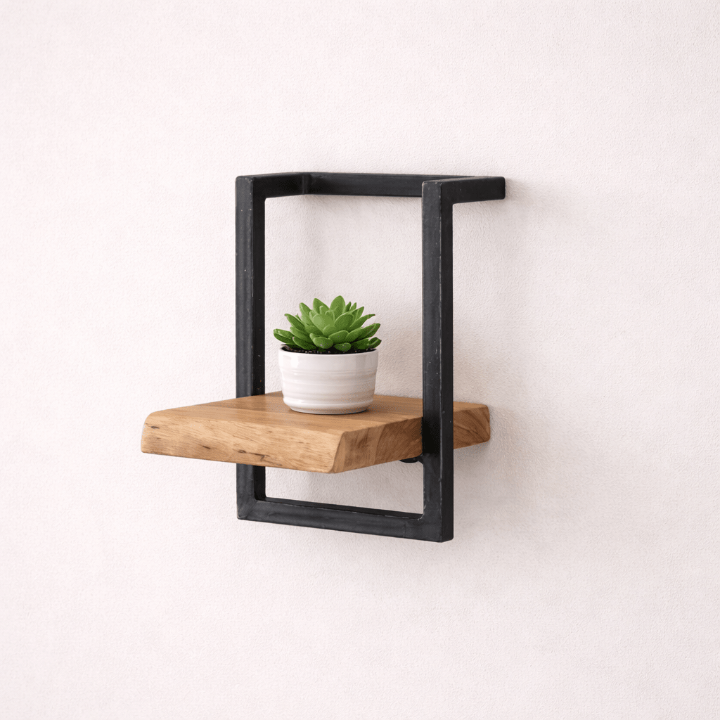 Estantería de pared – Madera maciza de acacia con acero vintage para el salón o el recibidor