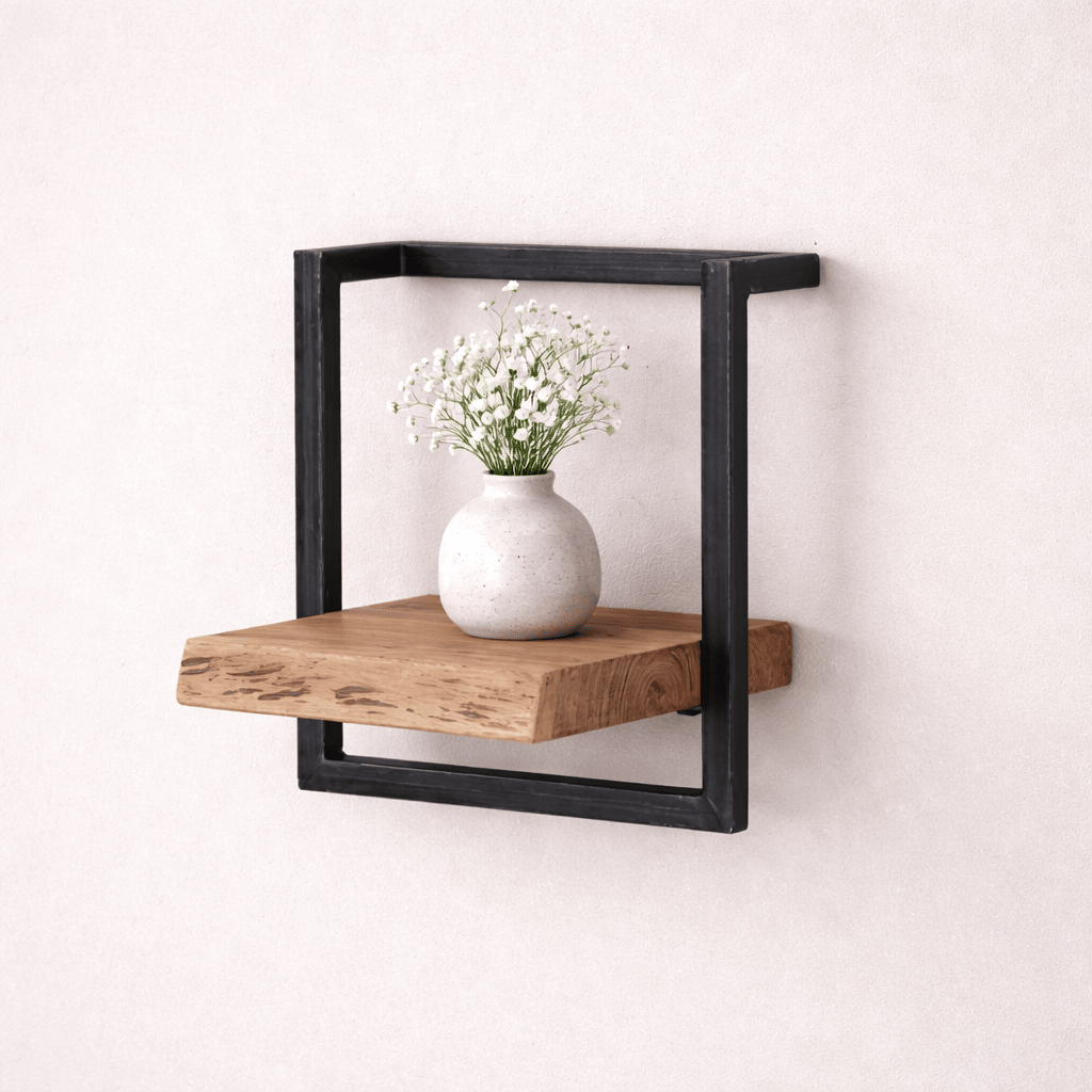Estantería de pared – Madera maciza de acacia con acero vintage para el salón o el recibidor