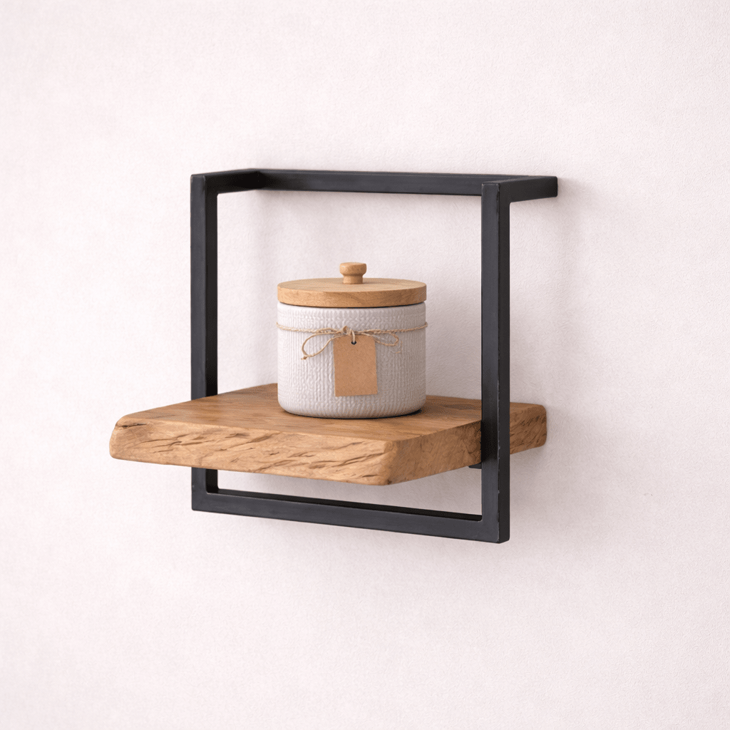Estantería de pared – Madera maciza de acacia con acero vintage para el salón o el recibidor