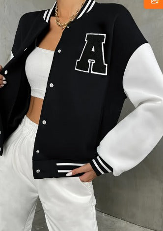 Varsity bomberjakke til kvinder - Sort, College Jack med bogstavprint, afslappet streetwear