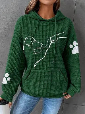 Ladies Casual Hoodie with Dog Print - Hooded Sweatshirt for Leisure and Everyday