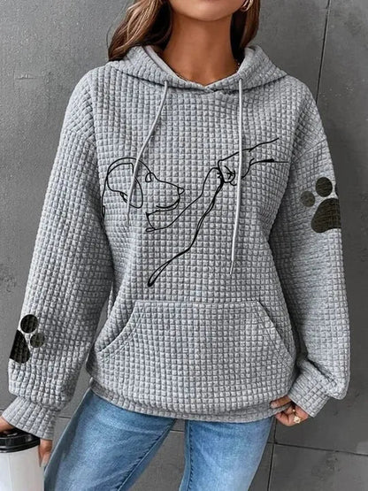 Ladies Casual Hoodie with Dog Print - Hooded Sweatshirt for Leisure and Everyday
