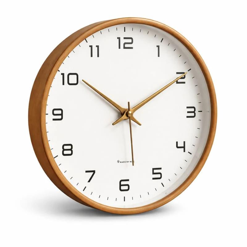 Nordic Wooden Wall Clock - Minimalist Silent Timepiece, wooden frame with white dial on a white background