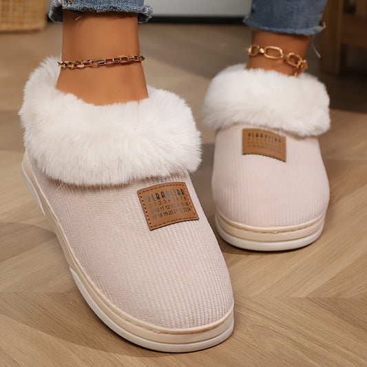 Dames Instap Pantoffels – Beige, Bontvoering, Antislipzool, Warme Huispantoffels voor Winter